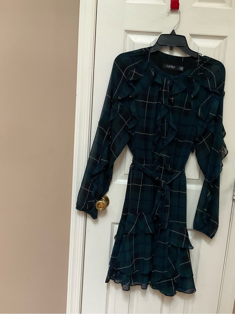 Lauren Ralph Lauren Dark Green Plaid Ruffle Tie-Waist Dress - Picture 3 of 6